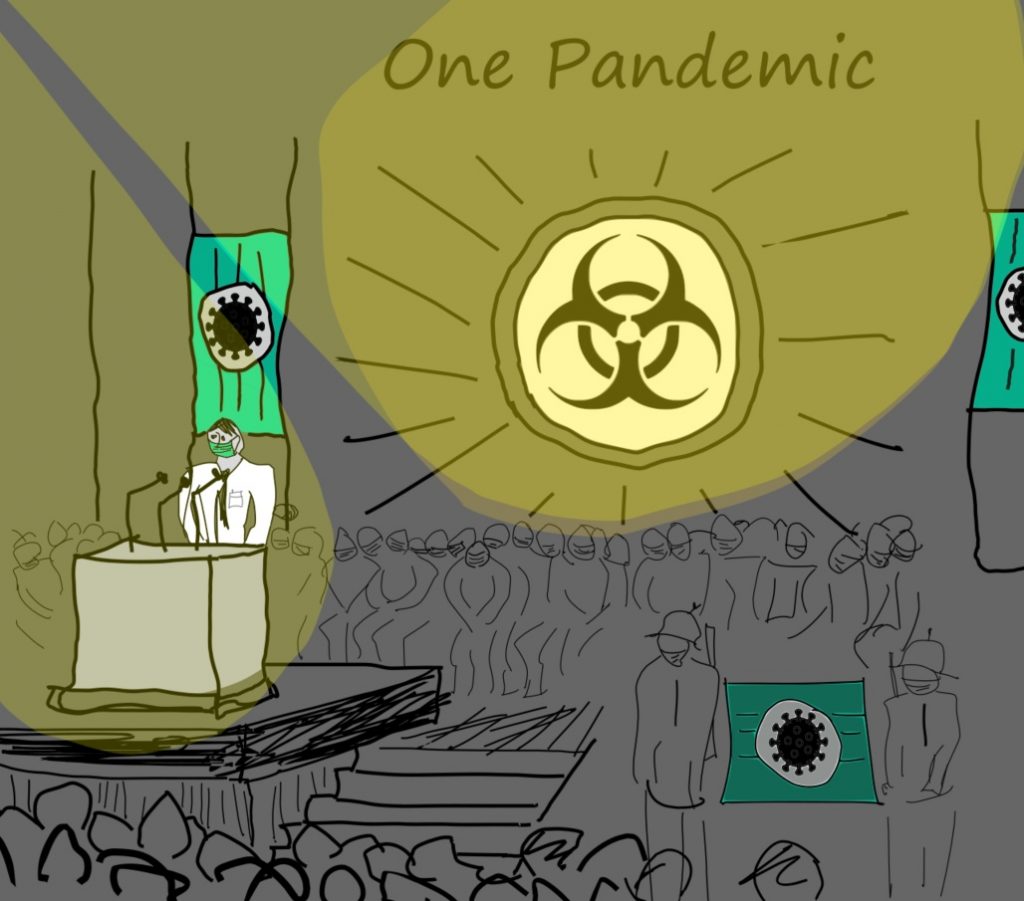 one pandemic totalitarianism biohazard virus covid19 speech politics flag facemask people