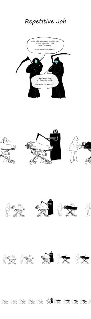 covid19 death assembly line industrialization repetition arduino repetitive monotone automation grim reaper