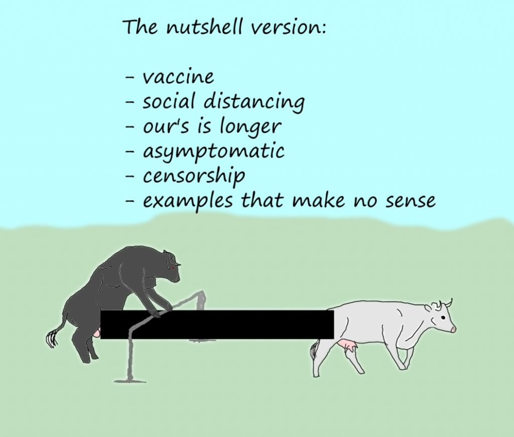 nutshell version cows fuck reflexivity vaccine social distancing lockdown fuck censorship pandemic covid19 asymptomatic lockdown bulls sense dictatorship infantilization totalitarianism