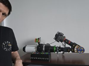 Self, with the instrument. The T-shirt is thematic, albeit the music is also good. I called the scope piglet a few times, for it has a filter drawer in front, taking 2″ filters as ERFs Self, with the instrument. The T-shirt is thematic, albeit the music is also good. I called the scope piglet a few times, for it has a filter drawer in front, taking 2″ filters as ERFs