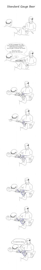 standard gauge beer drinking old men man table newspaper pen drawing railways rail industrial railway city cityscape