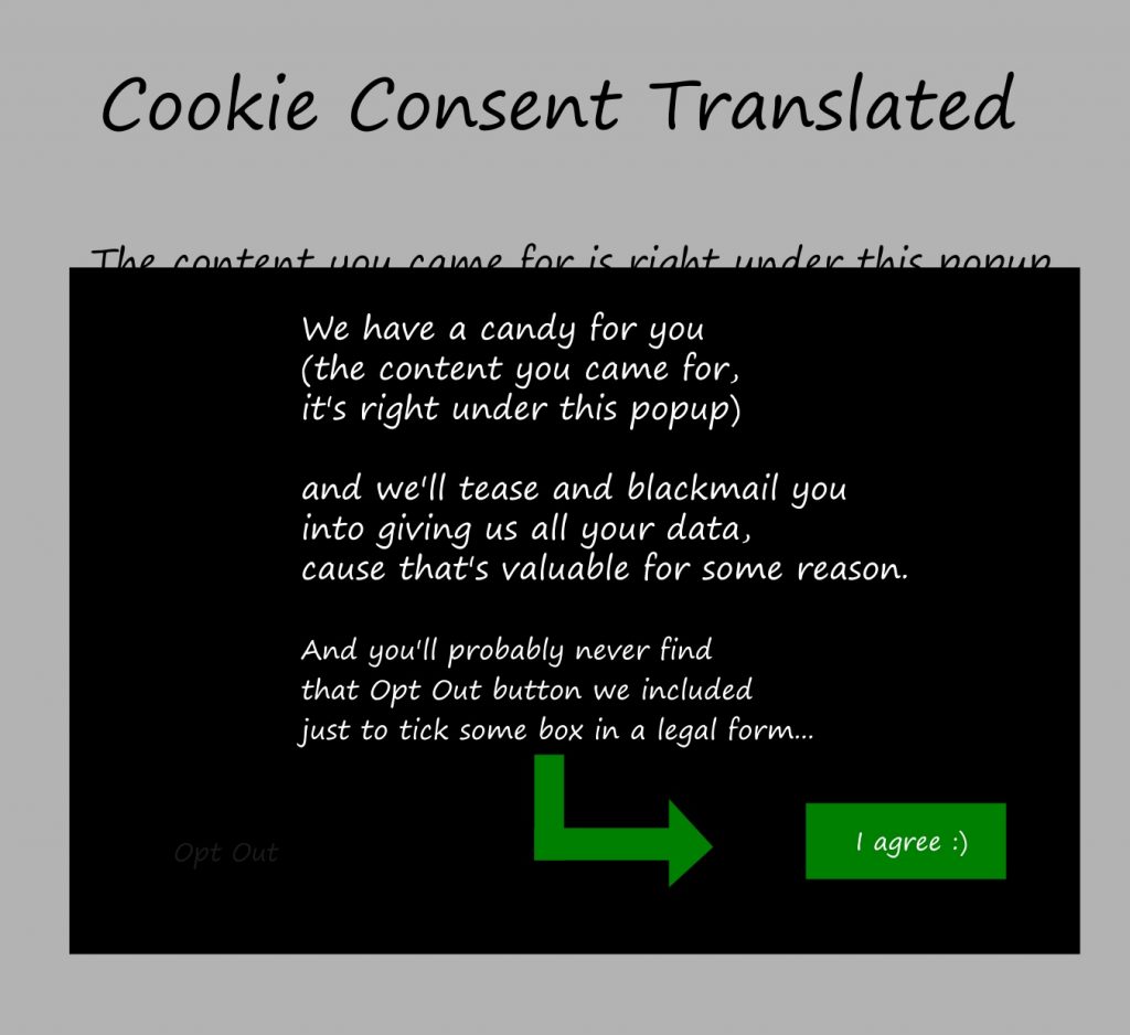 cookie consent translated ransom hostage the content you are looking for came for popup cover candy window content tease blackmail data privacy gdpr valuable reason harvesting opt out button agree consent hidden tactics